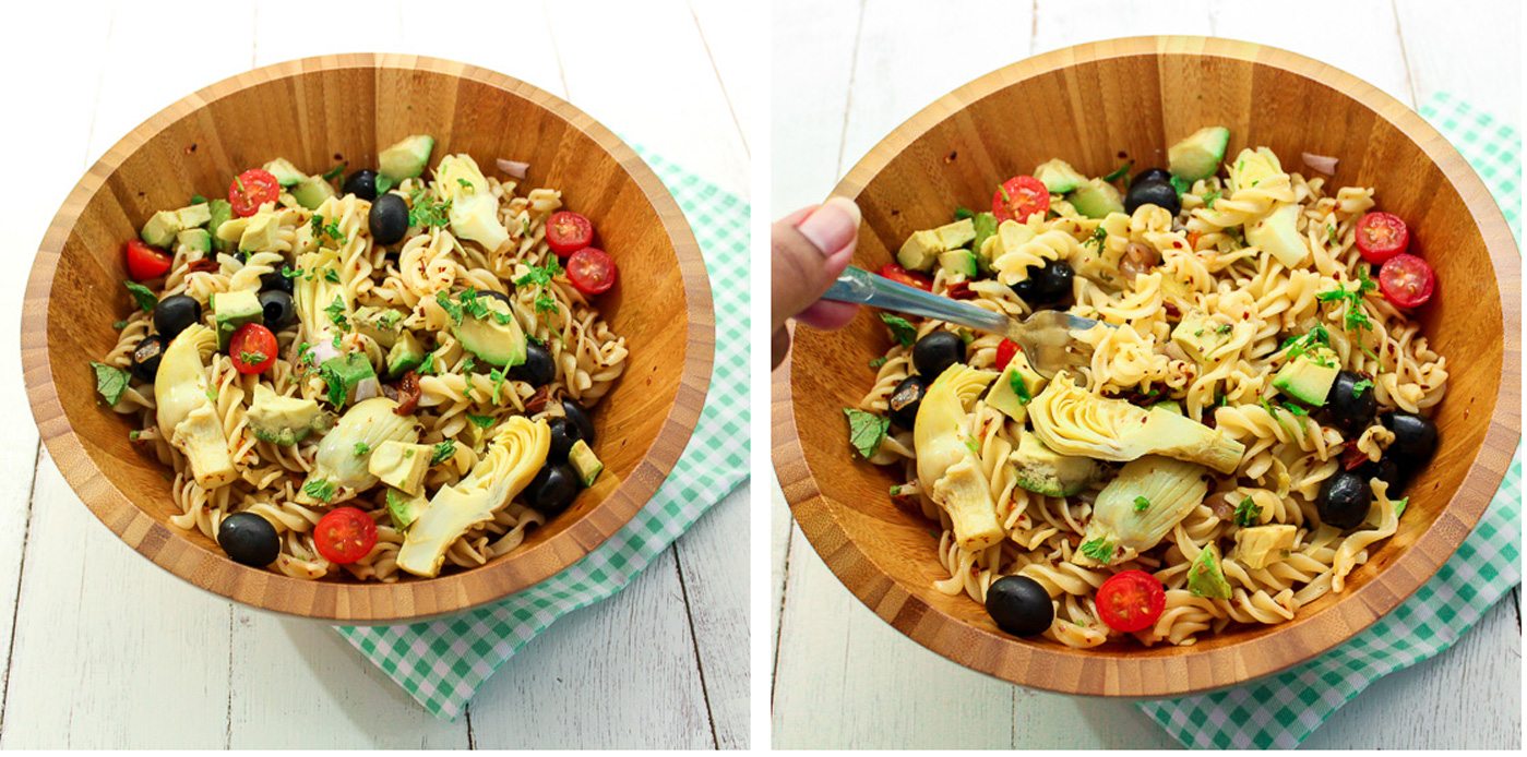 Avocado and artichoke pasta salad