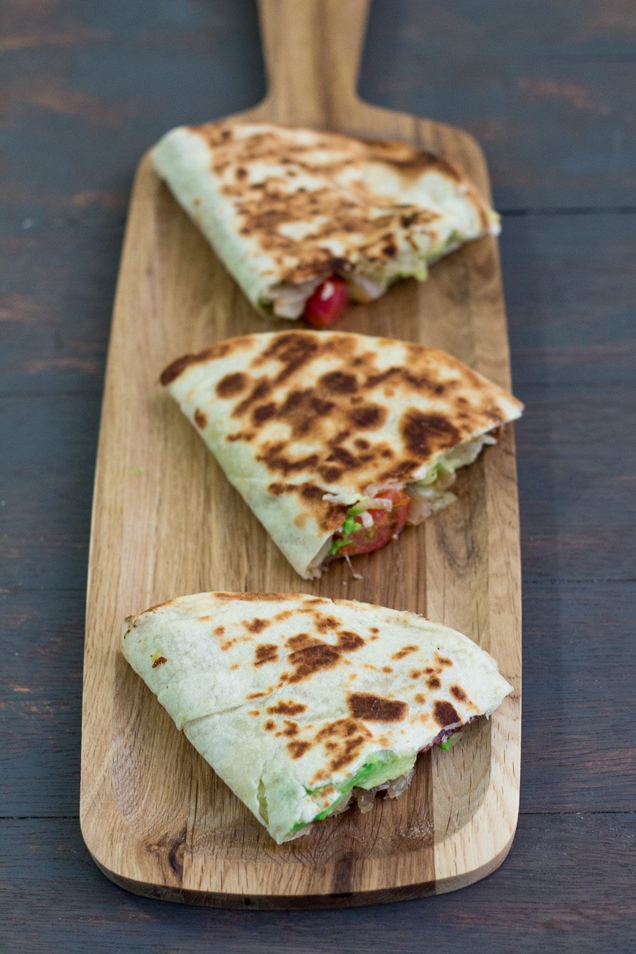 Caramelized onions, mushroom and avocado quesadillas