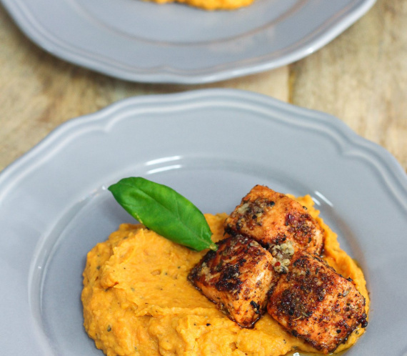 Salmon with Lemon Herb Butter and Garlic Mashed Sweet Potatoes
