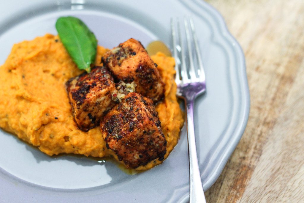 Salmon with Lemon Herb Butter and Garlic Mashed Sweet Potatoes