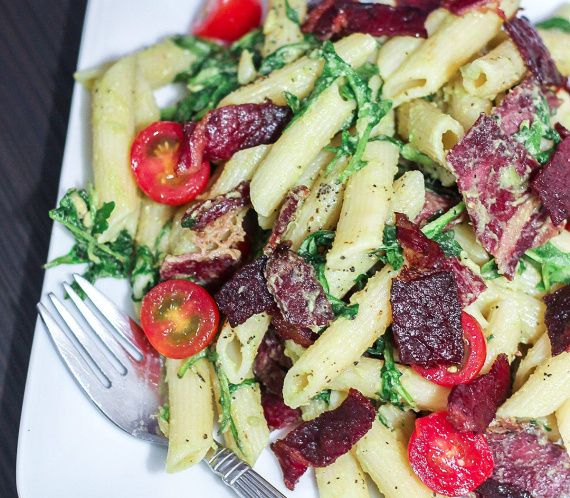 BLT Pasta with Avocado Dressing
