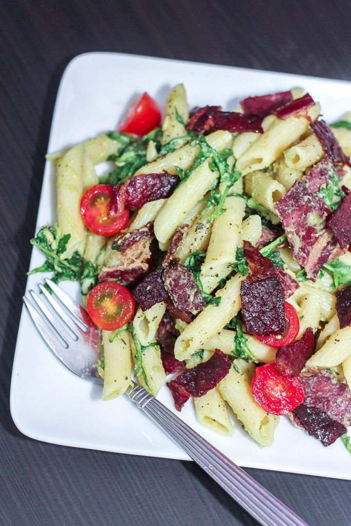 BLT Pasta with Avocado Dressing