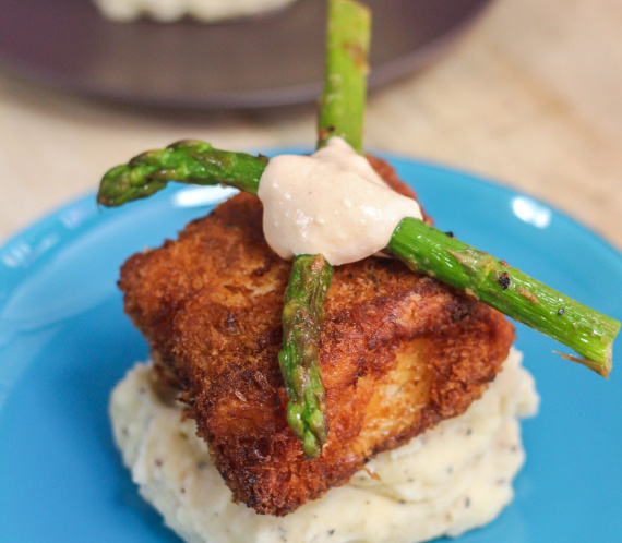 Crispy Cod with Mashed Potatoes and Creamy Chipotle Sauce