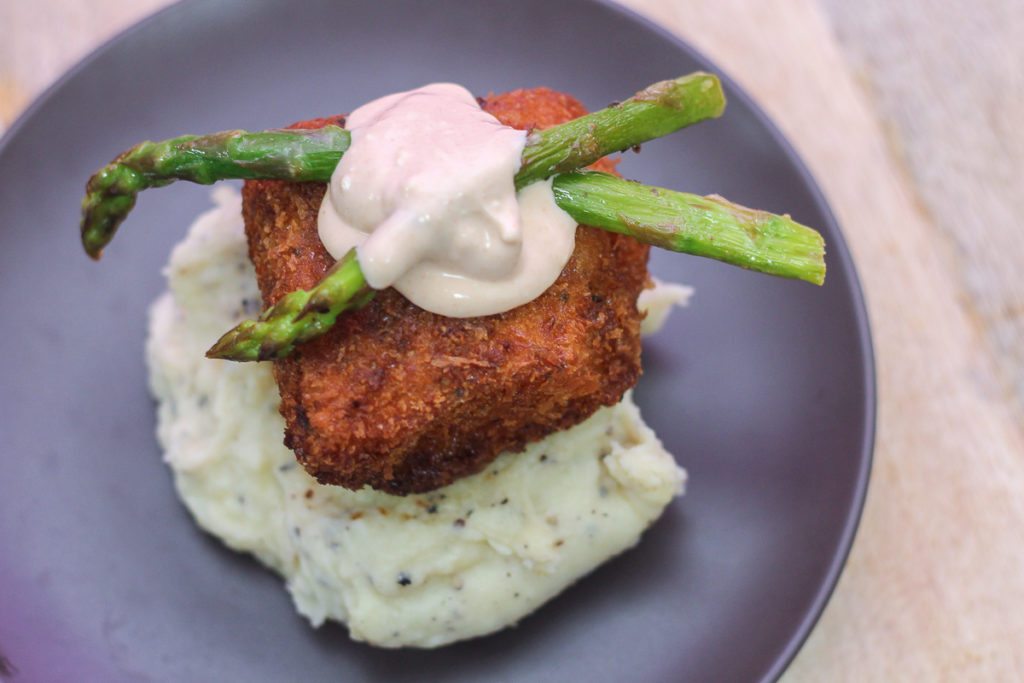 Crispy Cod with Mashed Potatoes and Creamy Chipotle Sauce