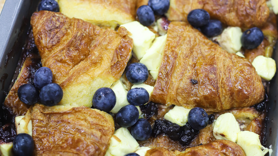 Blueberry and Cream Cheese Croissant Pudding