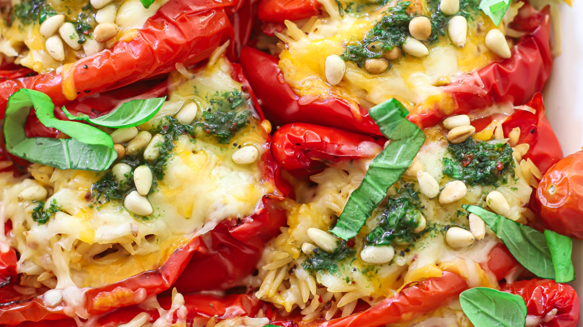Cheesy Orzo Stuffed Red Peppers